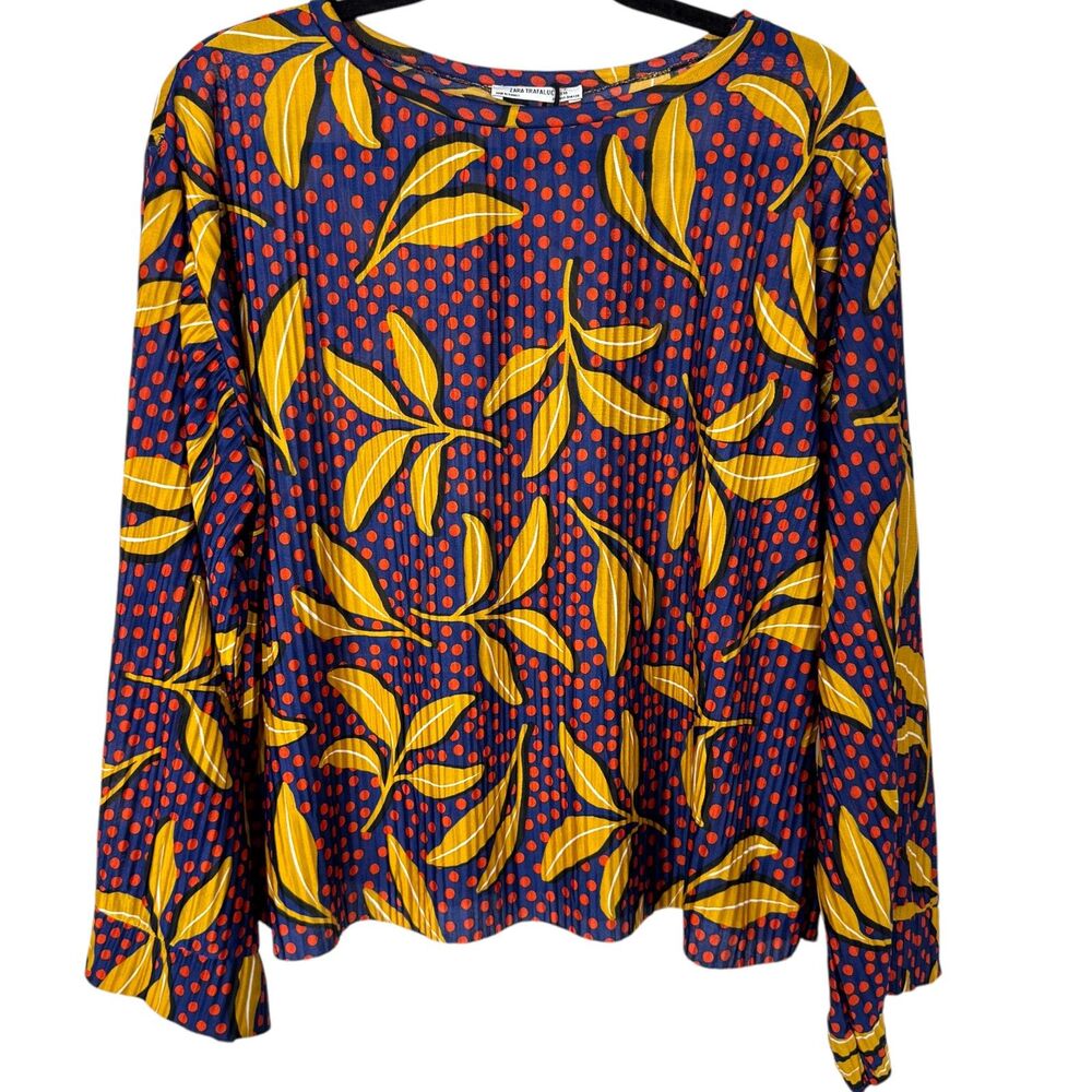 Zara Silky Polka Dot & Leaf Print Blouse - Oversized Pleated Sleeve - Size S